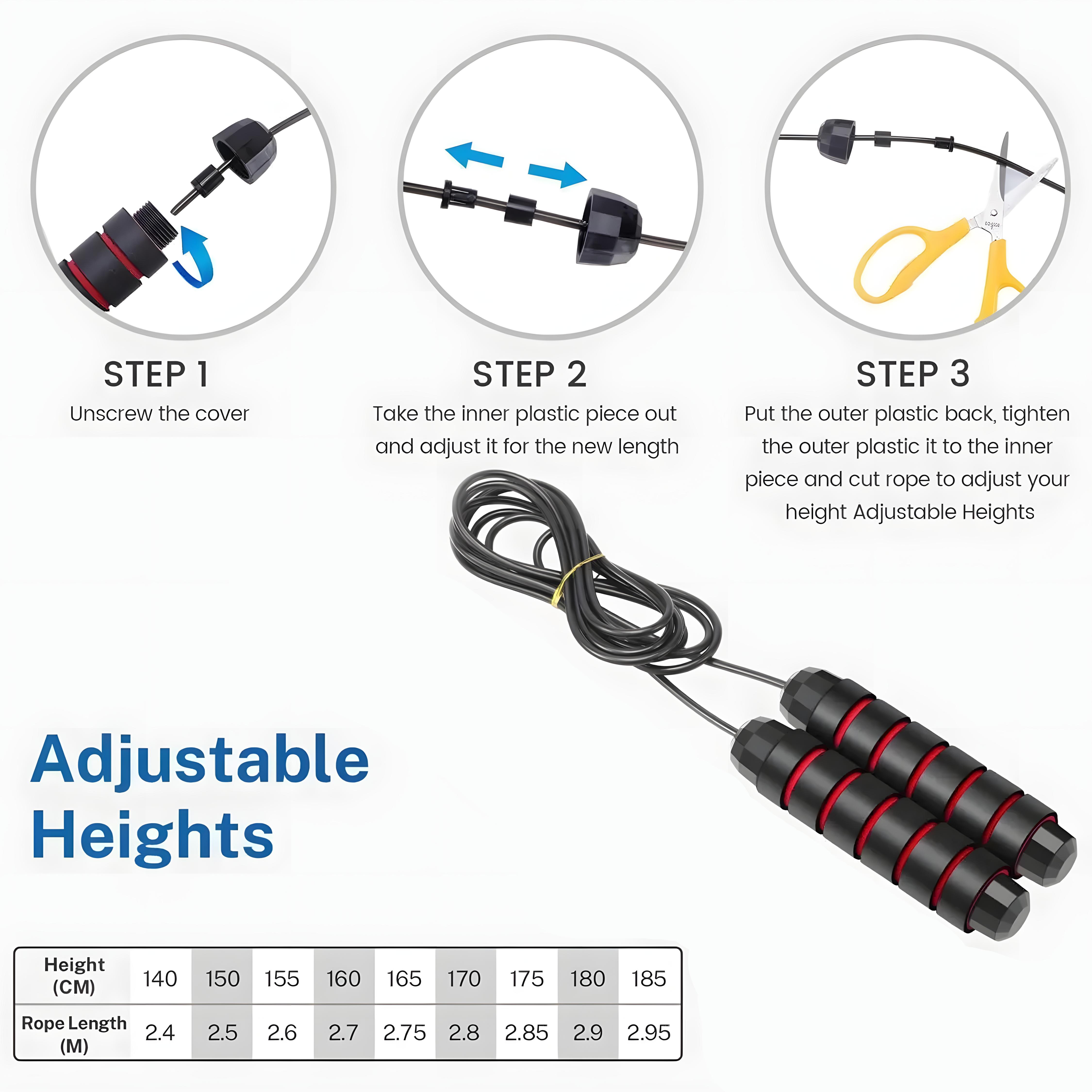 Adjustable Tangle Free Jump Rope with Ball Bearings, Quick Adjust Foam Handle, Portable Home Use Exercise Gear