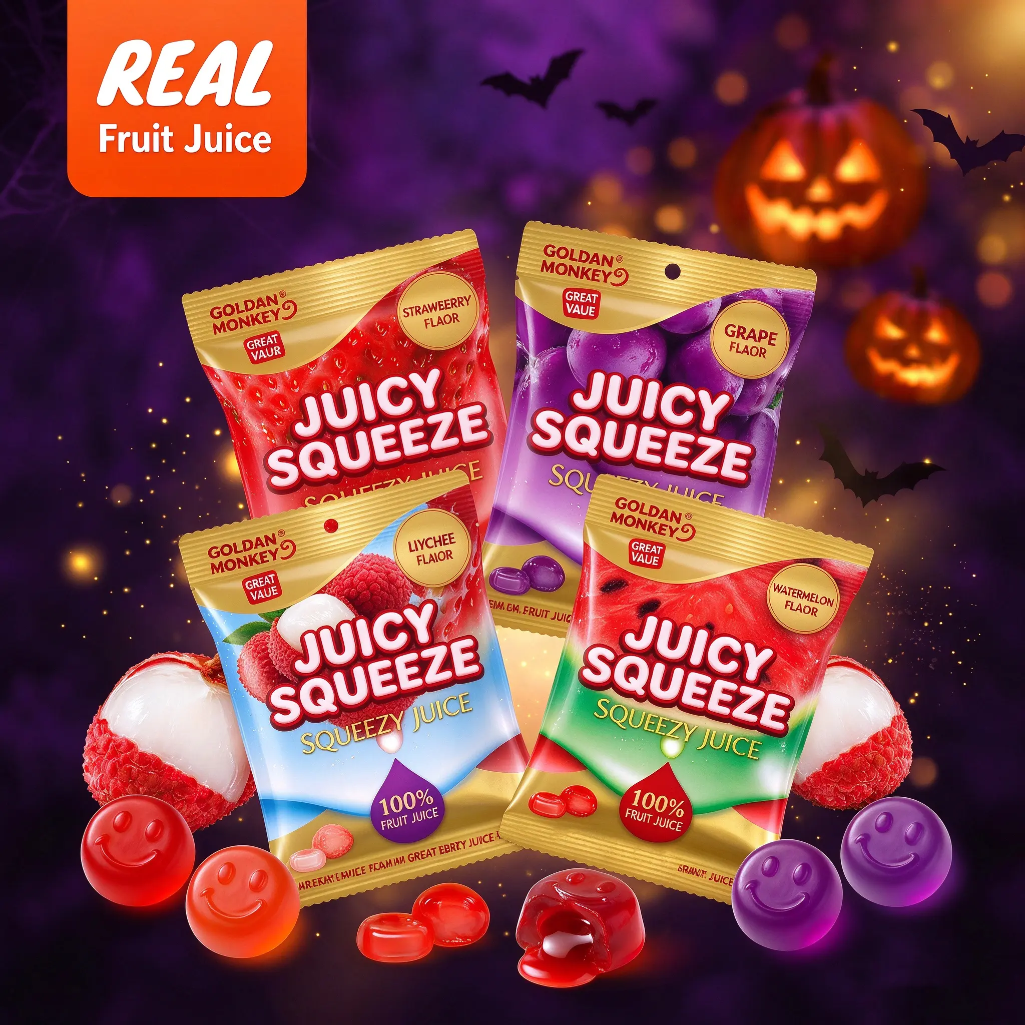 Halloween Filled Gel Gummy Candy – Lychee, Grape, Watermelon, Strawberry | 4 Pouches (33g Each) | Peelable Chewy Candy with Filled Center, Each Piece Contains 60%+ Real Fruit Juice
