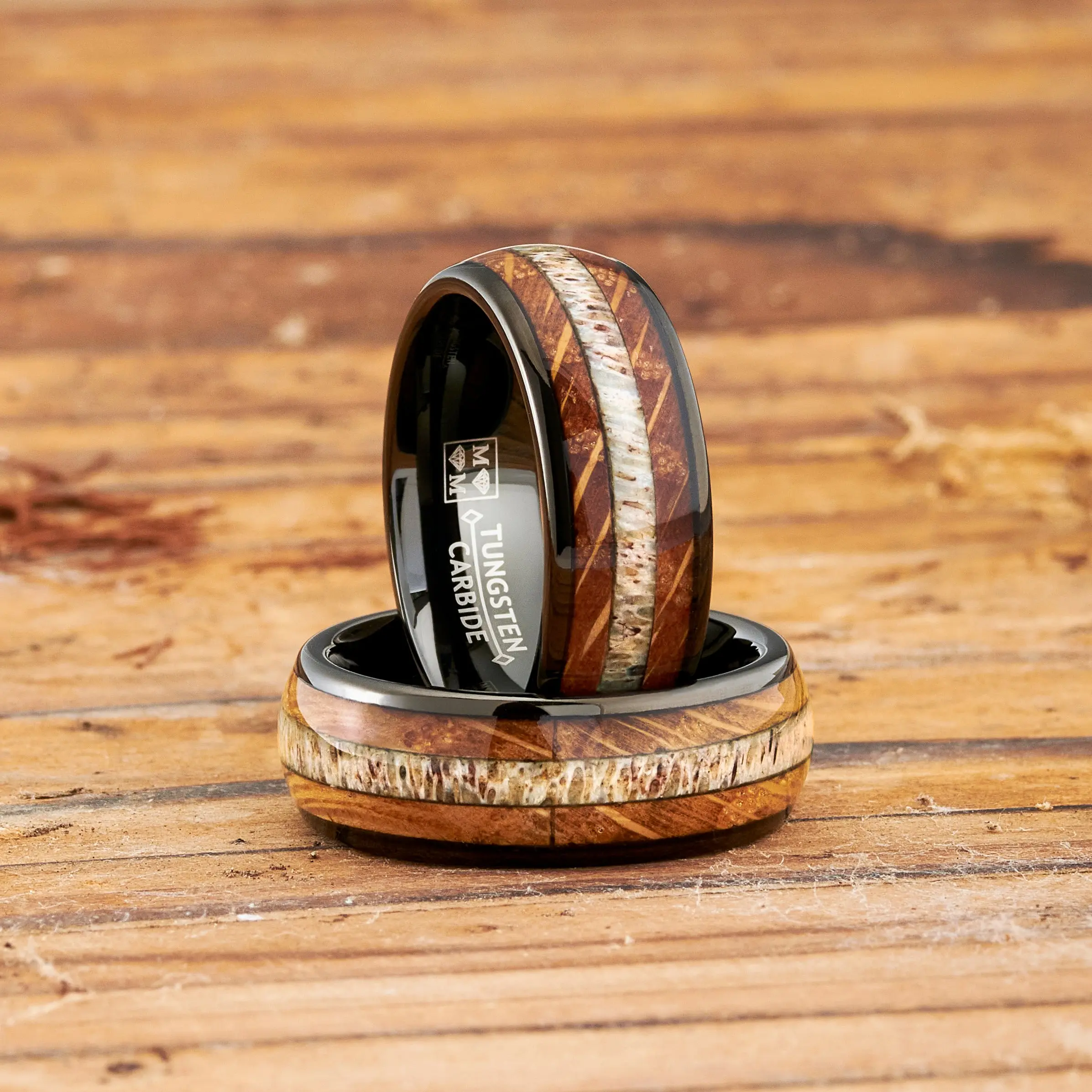 Men's Tungsten Carbide Ring - 8mm Gunmetal Black Wedding & Engagement Band, Dome Comfort Fit with Whiskey Barrel Wood Inlays & Elk Antler Inlays, Antler Ring for Grooms, Antler Rings