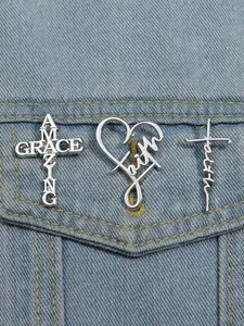 Letters Design Heart & Cross Brooch Set, Durable Metal Pins, Drop Set Pins, Fashionable Clothes Accessories for Men & Women, Enamel Pin for Backpacks, Jeans, Scarves, Hats Charms Decoration Jewellery