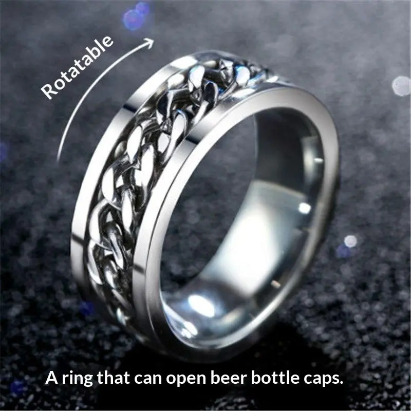 Anxiety Rings for Women and Men Non Tarnish Titanium Steel Spinner Fidget Band Rings with Cubic Zirconia Bottle Opener Chain for Stress Relief Wedding Promise Comfort Fit Size 7 to 12