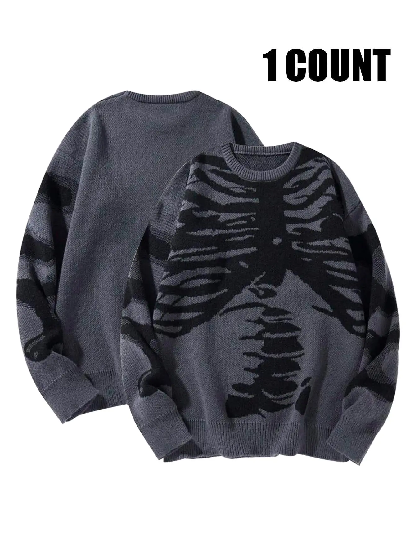 Men's Skeleton Print Drop Shoulder Sweater, Regular Fit Casual Long Sleeve Round Neck Jumper for Fall & Winter, Fashion Men's Knitwear for Daily Wear, Halloween