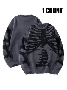 Men's Skeleton Print Drop Shoulder Sweater, Regular Fit Casual Long Sleeve Round Neck Jumper for Fall & Winter, Fashion Men's Knitwear for Daily Wear, Halloween