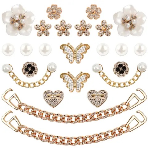 Women’s 24-Pcs Elegant Cute Shoe Decorations - Diamond Rhinestone Flower, Pearl, Sparkling Chain, Unique Shape DIY Clog Accessories for Daughters, Birthday