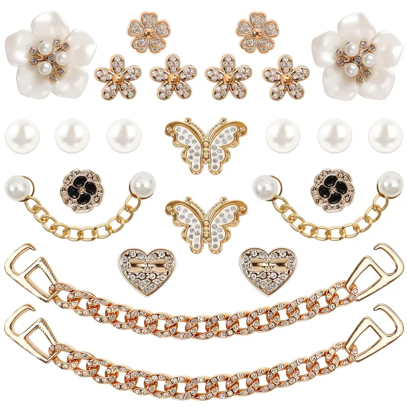 Women’s 24-Pcs Elegant Cute Shoe Decorations - Diamond Rhinestone Flower, Pearl, Sparkling Chain, Unique Shape DIY Clog Accessories for Daughters, Birthday