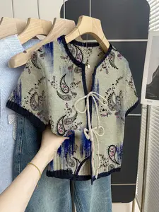 Boho Casual Vacation Style Loose Round Neck Colorblock Nut Flower Print Short Sleeve Knit Top, Front Tie Design, Women's Spring Summer, Womenswear