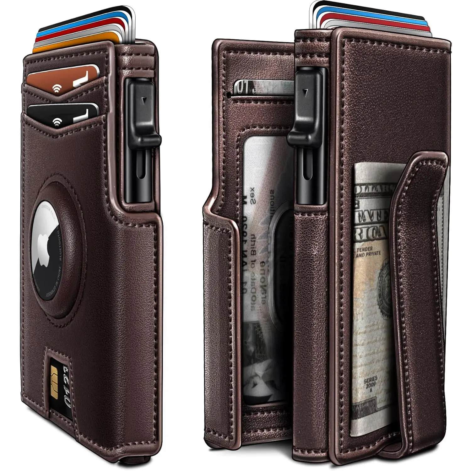 Men's Minimalist Slim Leather Wallet with AirTag Holder, Exquisite Cardholder, RFID Blocking Metal Case, Magnetic Flip Pop-Up Card Holder, Money Clip, Leather Wrap, Multiple Slots, 3.9" Pocket Fit, Everyday Carry, Father’s Day Gift