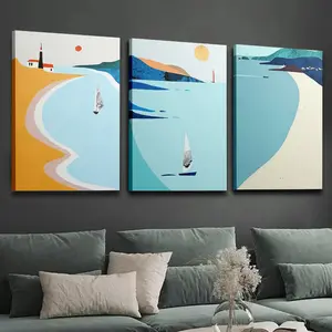 3-piece framed set - Abstract coastal sailing triptych art-themed canvas wall art print - Wrapped canvas frame, high-quality ink, modern classic decoration, suitable for Easter, weddings, graduations, anniversaries, Halloween - Indoor/outdoor home decorat