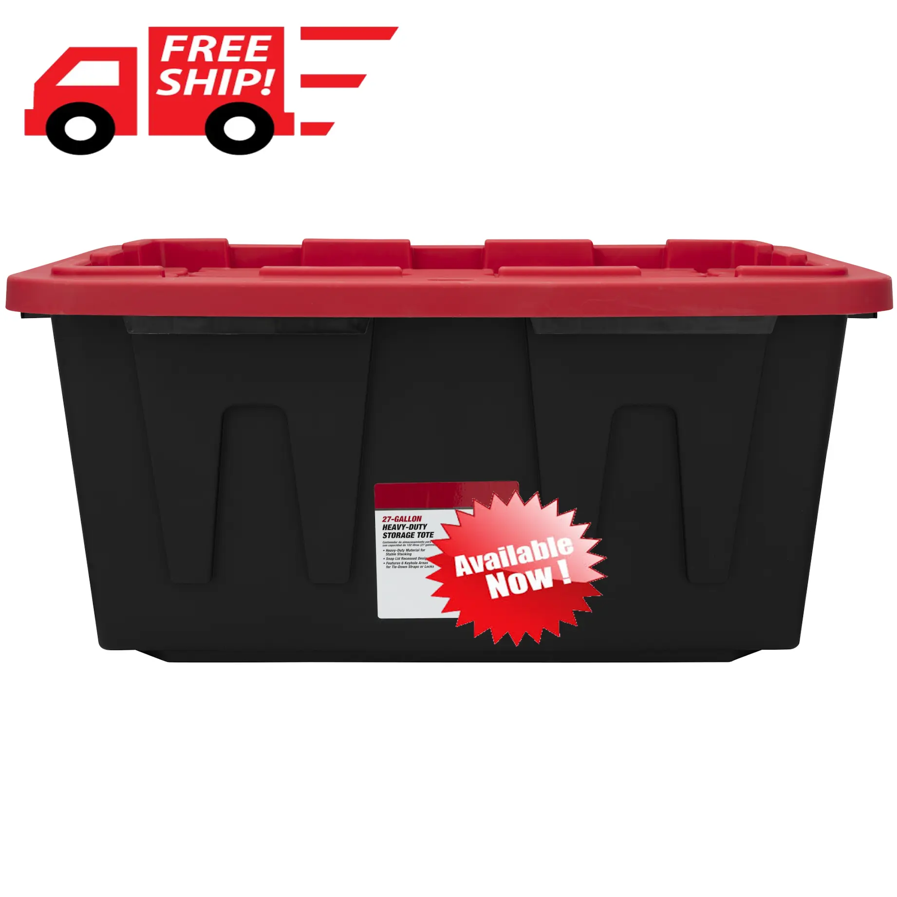 H.Y.P.E.R.-T.O.U.G.H 27 Gal Snap Lid Plastic Storage Bin, Black Container with Red Lid for Home Organization
