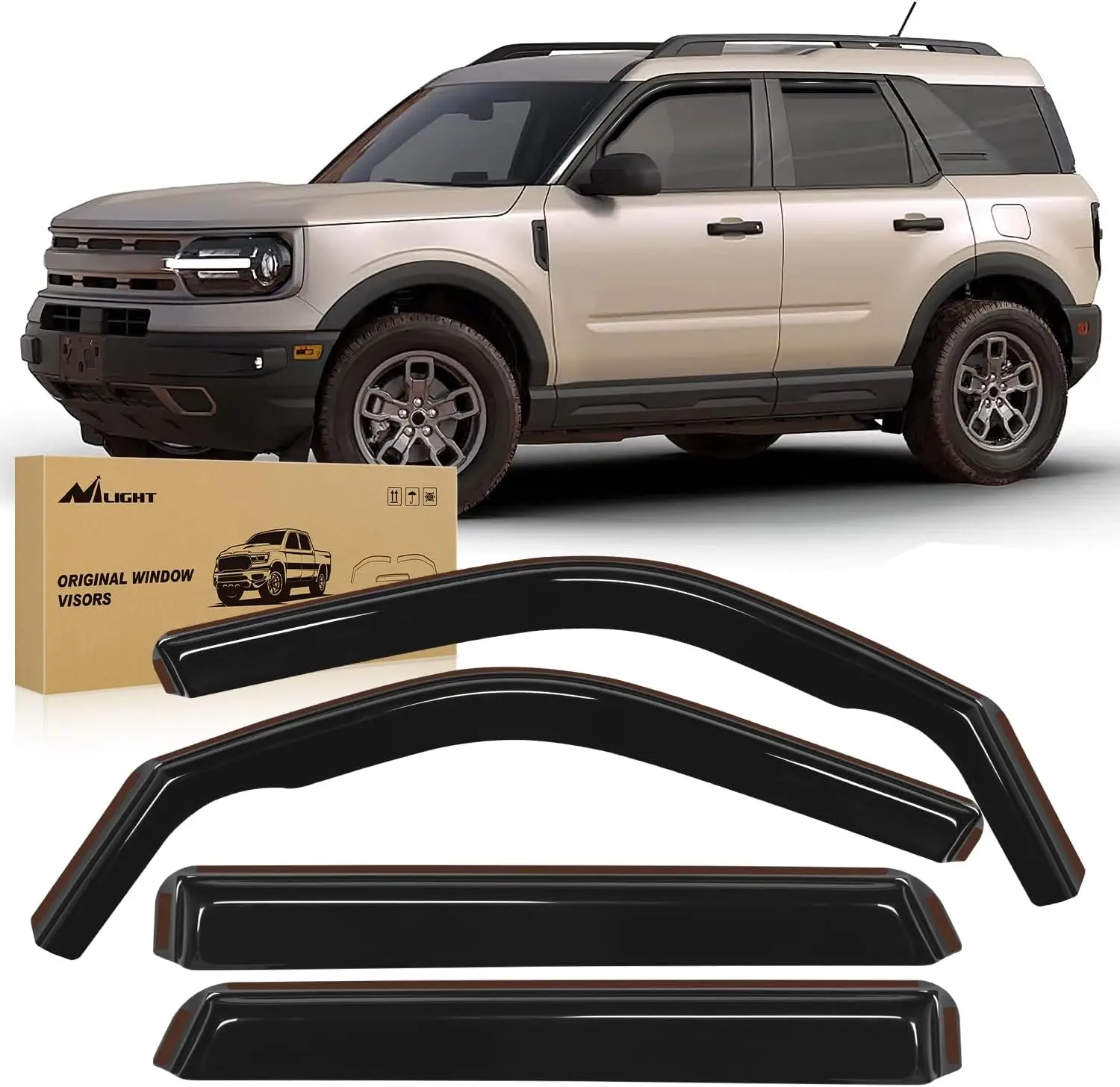 Nilight 4 Pcs Rain Guards In-Channel Sun Visors Set for 2021-2025 Ford Bronco Sport Vehicle, Shatterproof Smoke Tint Vent Deflectors, Anti-Fog, Tool-Free Wind Noise Reducer, Car Wash Safe, 12pcs Clips, Sun Visor, All Weather