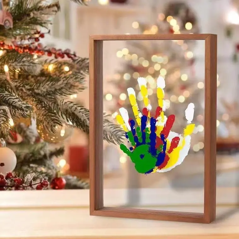 Wooden Transparent Handprint Frame Set, DIY Family Memorial Gift Kit, Acrylic Board, Colorful Paints, Holds Up to 4 Handprints