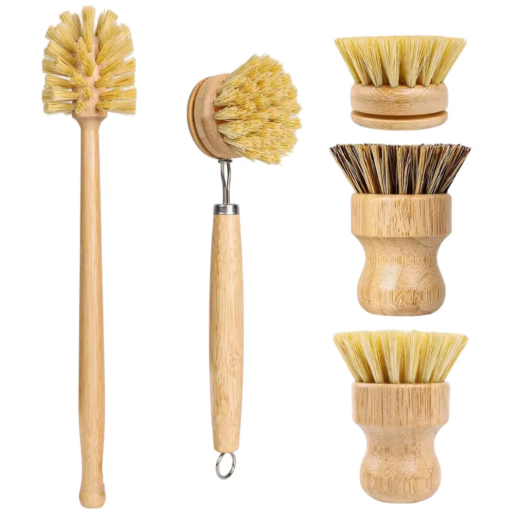 5 pieces of beechwood dishwashing and cleaning brush set, including long handled bottle brush, pot brush, and dish brush, suitable for cleaning pots, bottles, sinks, vegetables, and household items