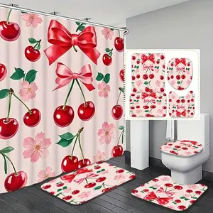 1/4 pcs red cherry and pink bow pattern shower curtain set, Shower essentials, festive design, non-slip floor mat, U-shaped carpet, toilet lid cover, perfect for bathroom decoration, partition, 12 shower curtain hooks are included