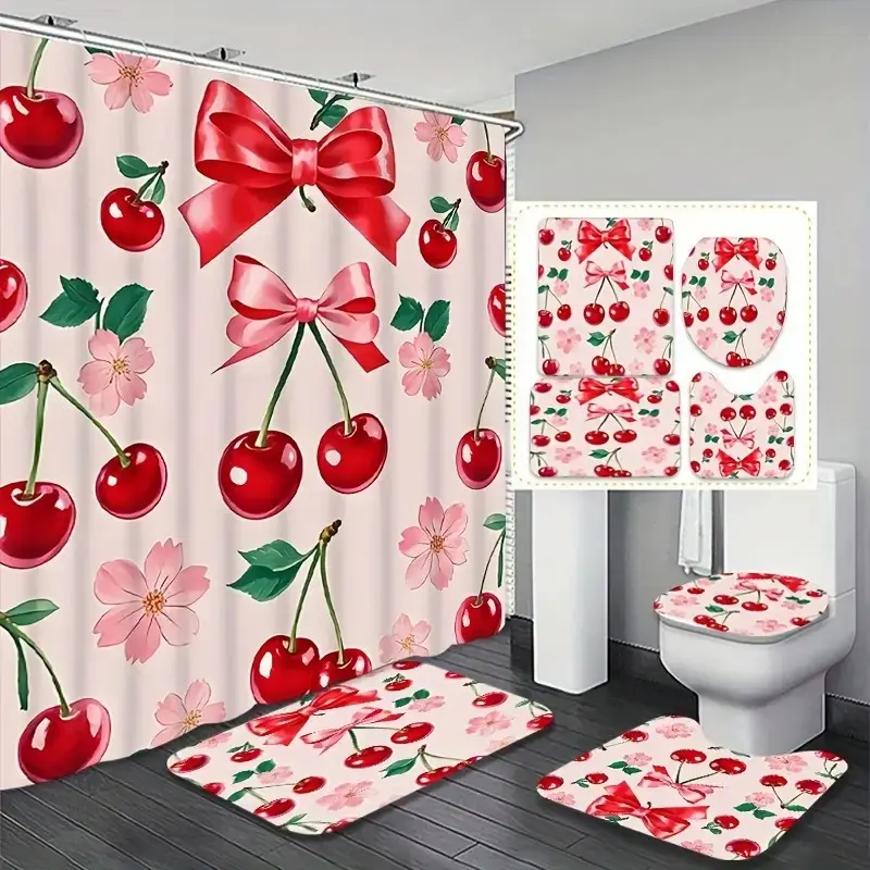 1/4 pcs red cherry and pink bow pattern Decorative Shower Curtain set, Shower essentials, festive design, non-slip floor mat, U-shaped carpet, toilet lid cover, perfect for bathroom, Restroom decoration, partition, 12 shower curtain hooks are included