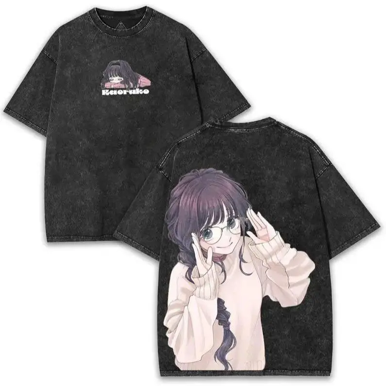 Men's 230gsm Heavy Cotton Oversized Washed Vintage Short-Sleeve Tshirt - Kaoruko Waguri "Cozy Girl Feels", Hana Wa Rin to Saku Manga Double-Sided Graphic, Fitted Round Neck, Stylish Casual Menswear Basic Top