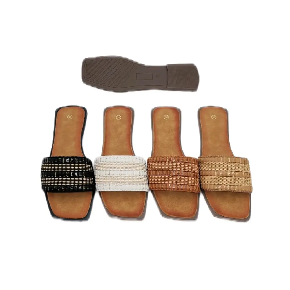 women's woven flat slide sandals_square toe casual summer slip on sandals