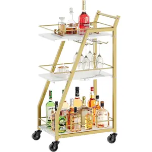 Gold Bar Cart with Glass Holder – Marble White Rolling Beverage Cart for Home, Kitchen, or Dining Room| Chic Drink & Wine Serving Cart on Wheels Organiser Racks