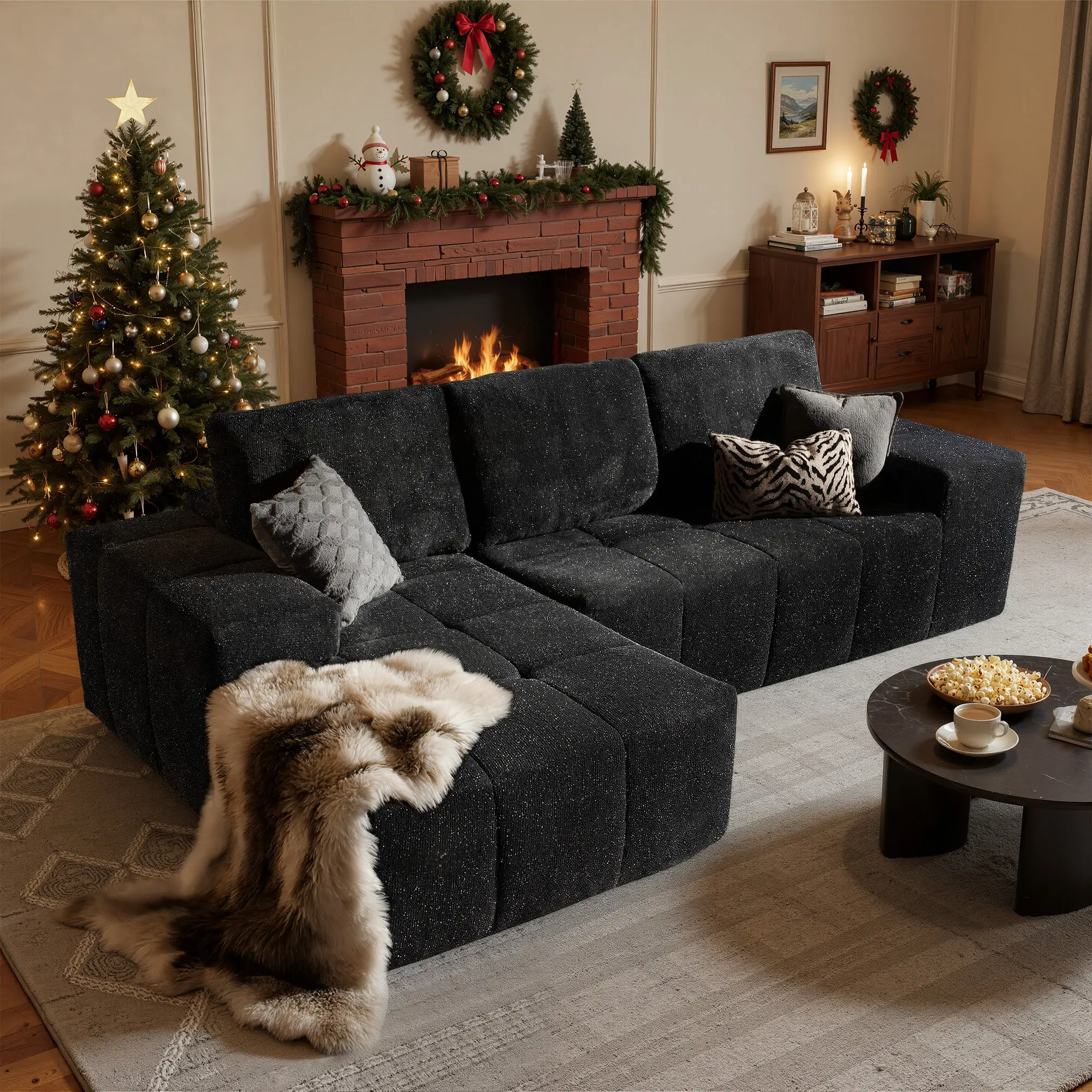 115" Cloud Boneless Couch with Glitter Fabric, Moudular Sectional L Shaped Sofa with Deep Seat, No Assembly Needed, Modern Minimalist Couches with Chaise for Living Room, Luxury