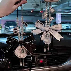 Car Camellia Bow Mirror Hanging Ornament, Creative Personalized Car Accessory, Car Trinkets, Interior Decoration Pendant, Car Interior Decorative, Suitable for Car Decor