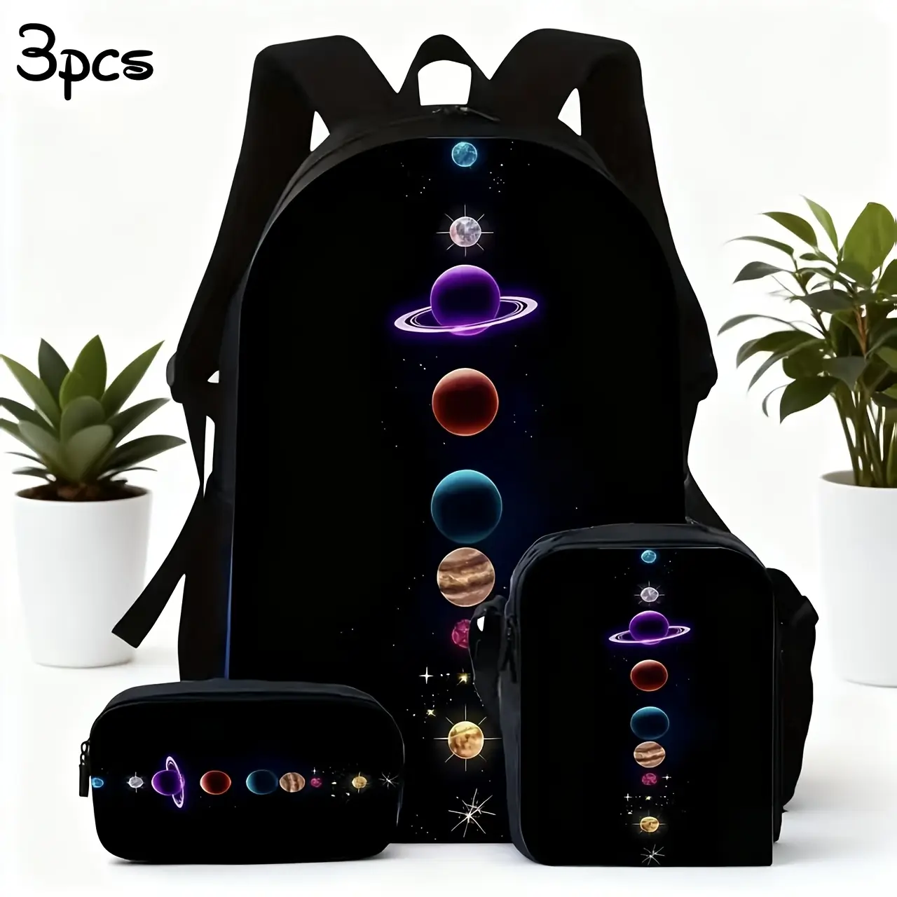 3Pcs Vertical Solar System Print Backpack Set Durable 600D Oxford Cloth School Bag Insulated Lunch Box & Pencil Case Combo Adjustable Breathable Strap Large Capacity Fits 15in Laptop for Kids Teens School Travel Outdoor Use