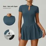 TIMEOFF Women's Short Sleeve Zip Up Mock Neck Athletic Romper with Flare Skirt Flow Cool & Dry Sport to Casual Tennis Attire, Built for Tennis Yoga & Gym Days, Rompers for Women Summer Active Wear
