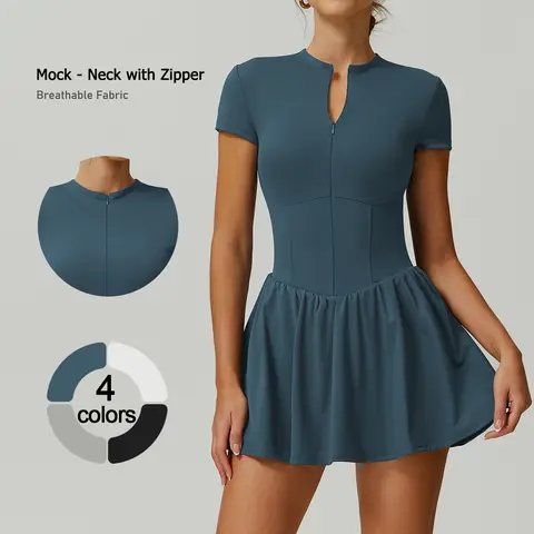 TIMEOFF Women's Short Sleeve Zip Up Mock Neck Athletic Romper with Flare Skirt Flow Cool & Dry Sport to Casual Tennis Attire, Built for Tennis Yoga & Gym Days, Rompers for Women Summer Active Wear