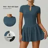 TIMEOFF Women's Short Sleeve Zip Up Mock Neck Athletic Romper with Flare Skirt Flow Cool & Dry Sport to Casual Tennis Attire, Built for Tennis Yoga & Gym Days, Rompers for Women Summer Active Wear