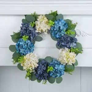 Blue Hydrangea Faux Flower Wreath, Fresh Farmhouse Style, Waterproof Sunproof No Maintenance, Home Entryway Moving Decoration