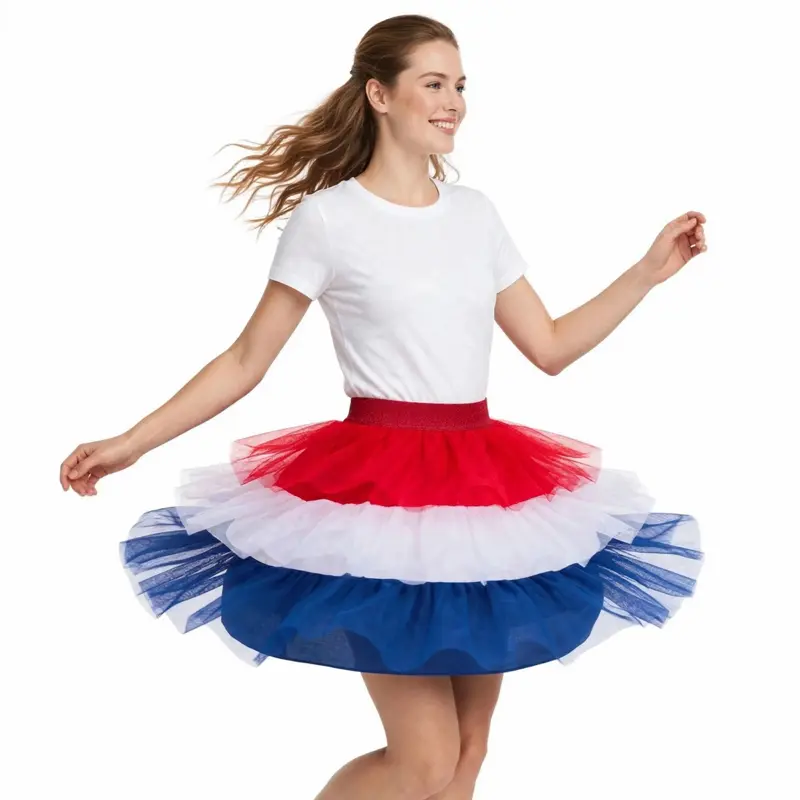 Women's Cute Red White and Blue Tiered Tulle Tutu Skirt -Glitter Waist, Dressy USA Costume, Festival Outfit, Size XXL(18)
