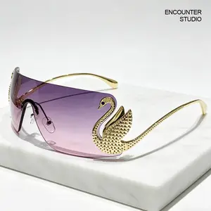 Y2K Aesthetic Frameless Gradient Sunglasses for Women Bling Swan Temples UV400 Protection Trendy Shades for Festival Party Vacation Night Out Photoshoot
