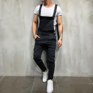 Stylish Men Slim Holes Distressed Overalls Jumpsuits Biker Jeans Man Street Style Ripped Stretch Strap Jeans