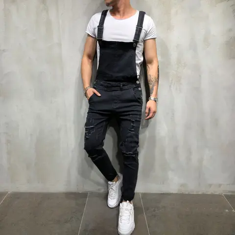 Stylish Men Slim Holes Distressed Overalls Jumpsuits Biker Jeans Man Street Style Ripped Stretch Strap Jeans Midrestock Casual Streetwear
