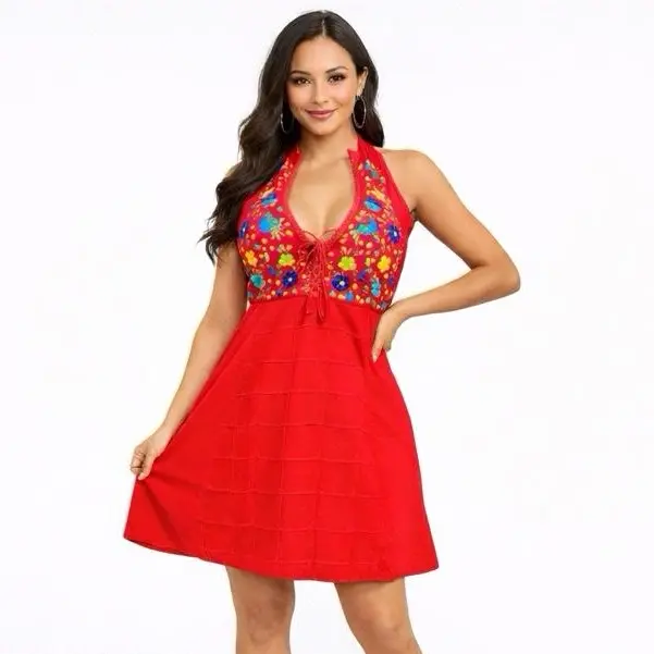 Hand Embroidered Halter Dress Backless Summer Dress 100% Cotton Made in Mexico Casual Womenswear Unique Design Adjustable Cleavage One Size Fits Small, Medium, Large