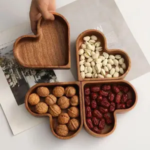 Heart-Shaped Wooden Tray, Walnut Wood Tray for Snacks, Nuts, Candy, Jewelry, Ideal for Display and Storage, Non-Bone China