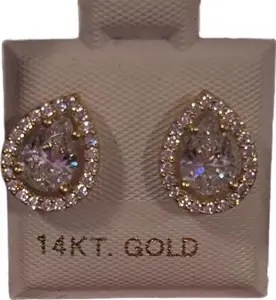 14K Gold Earrings - white teardrop Stud - Simple Design in 14 KT Gold yellow