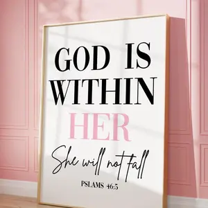 God Is Within Her She Will Not Fall Poster – Pink & Black Bible Affirmation Print, Christian Wall Art for Bedroom, Faith and Hope Quote, 5 Size, 8x12 to 27x40 inch, Room Decor, Unframed