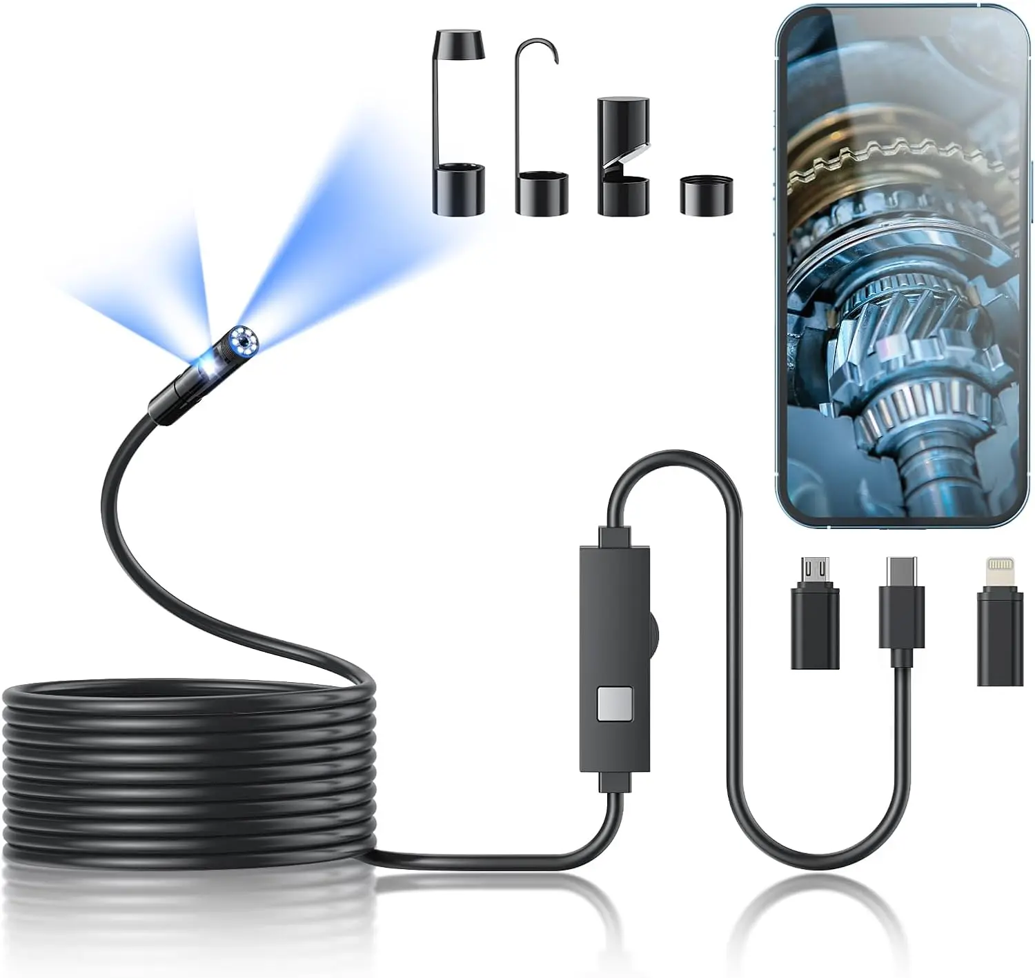 B BRAZIFY Endoscope Camera with Light,1920P HD Borescope Tools with 8 Adjustable LED Lights, Endoscope with Semi-Rigid Snake Camera, IP67 Waterproof Inspection Borescope for iOS and Android-16.4ft Dual-Lens