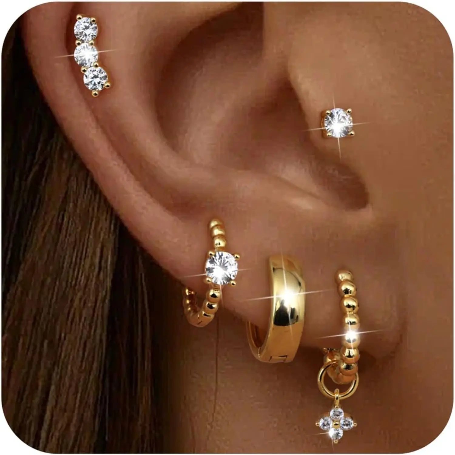 5-Pair Hoop Jewelry Set, Vintage Structured Copper Huggies in Gold & Silver Tone, Hypoallergenic Cartilage Stacking Earrings