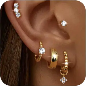 Unisex 5-Pair Hypoallergenic Hoop Jewelry Set - Golden-Silvery Coated Shining Earrings, Vintage Copper Huggie Studs, Round Detail Earrings, Silver Structured Cartilage Stacking Costume Accessories