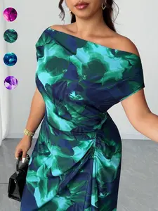 Elegant Asymmetrical Neckline Ruched Waist Dress, Sexy Floral One Shoulder Long Dress, Slim-Fitting Party Gown for All Seasons, Summer