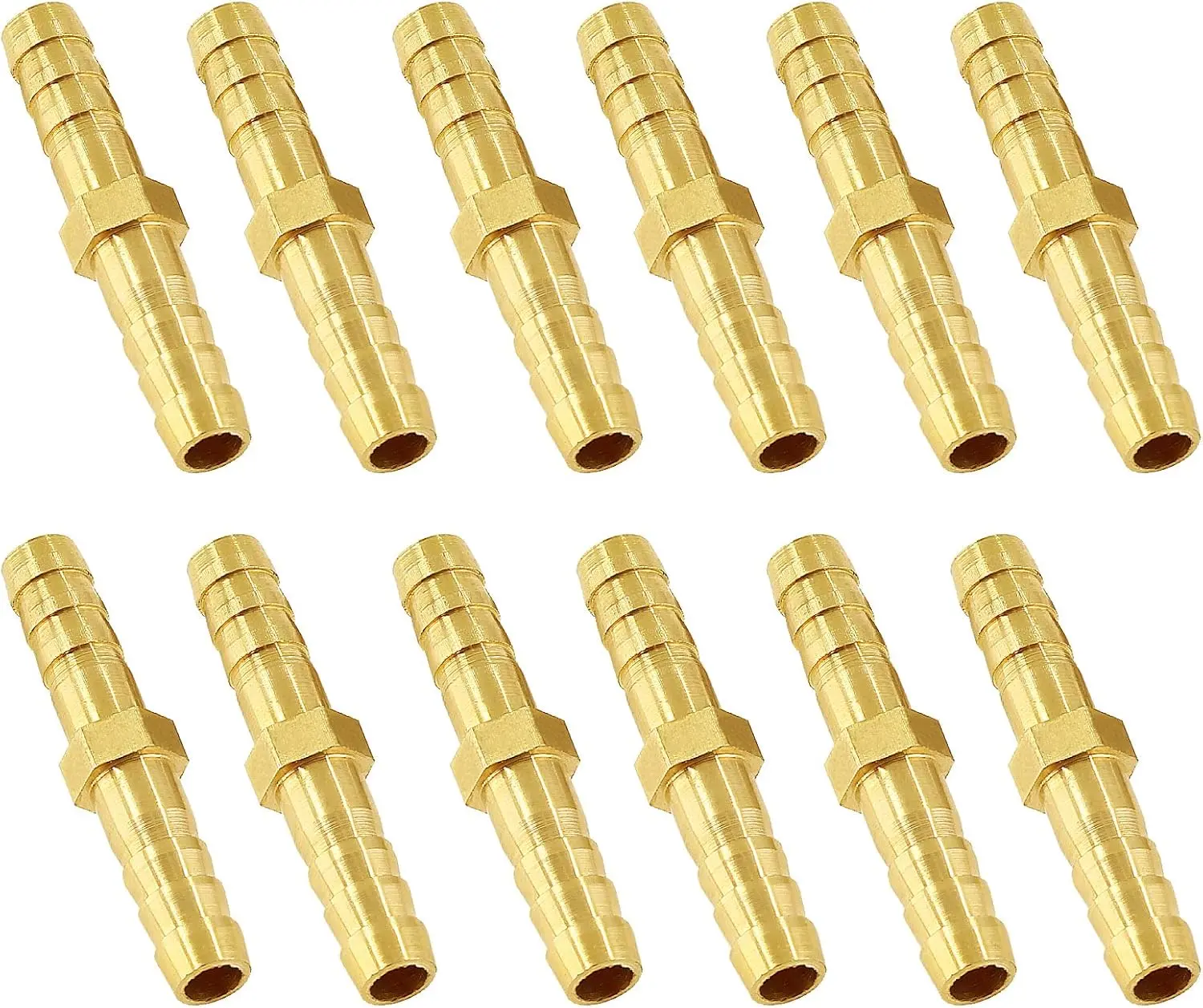 12Pcs 1/4 Inch Brass Hose Barb Fittings, Metal Splicer Mender Hose Barb Reducer Union Air, Water, Fuel, Gas