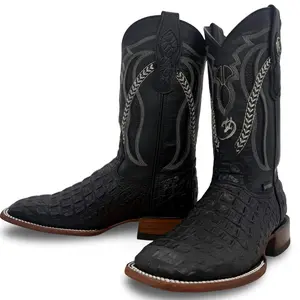 Black Croc-Style Western Cowboy Boots Round Toe Slip On Winter Genuine Leather Vaqueta Sole Handcrafted in Mexico