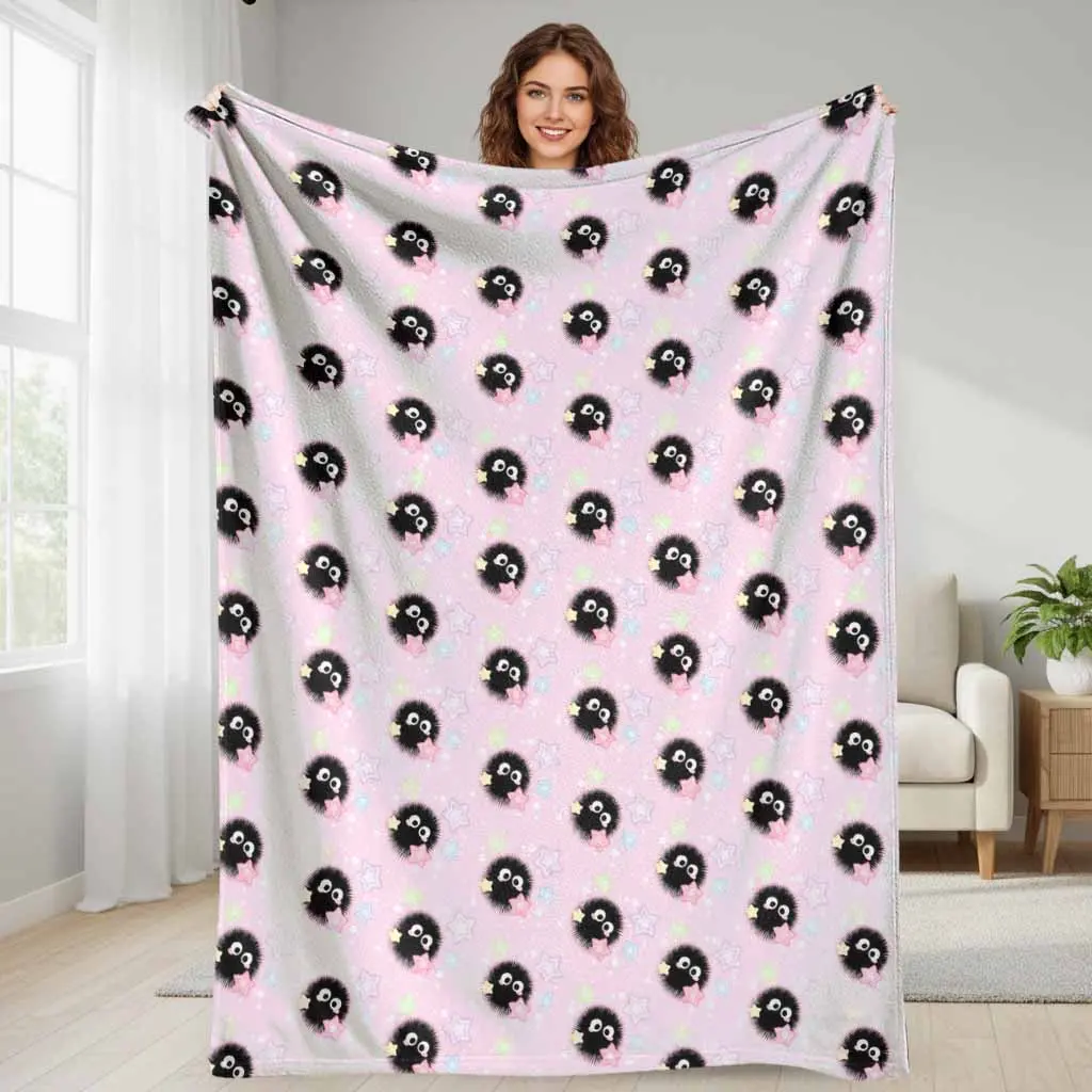 Soot Sprite Flannel Throw Blanket - Cute Dust Bunny Star Pattern, Fuzzy Plush, Lightweight, Warm, Breathable, Soft Texture - Ideal for Bedroom Sofa Use, Perfect Gift for Anime Fans, Aesthetic Home Decor Accessory