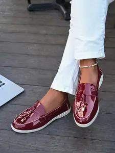 Women's Large Size Bordeaux Glossy Loafers, Slip On Flats, New British Style Fringe Slip-On Casual Flat Shoes, All Seasons Minimalist PU Leather