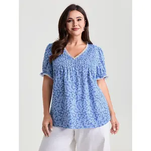 BloomChic Women's Plus Size V-Neck Short-Sleeve Polyester Micro Floral Print Lace Trim Blouse - Smooth Patchwork Fabric Lady Top, Sizes M-6X, 2026 Summer Mother's Day Pick Blue Fit Swimweek