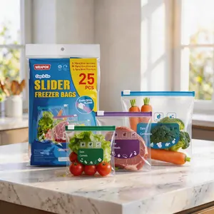 WRAPOK Slider Freezer Bags 25 Pack, S/M/L Variety Pack (10 Small + 10 Medium + 5 Large), Easy Open Slider, Reusable, Write-On Labels, Expandable Bottom for Meal Prep & Food Storage