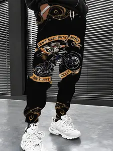 2026 New Trendy 3D Digital Black Long Pants with Printed Figure and Motorcycle Pattern, Men's Personalized Street Casual Pants with Jogger Legs