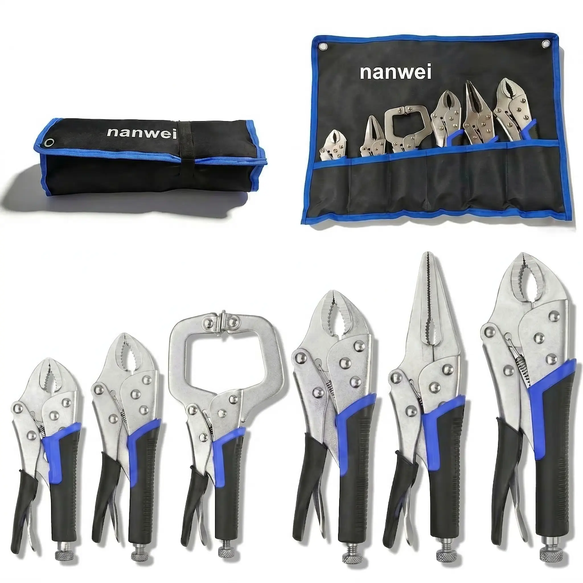 6Pcs Locking Pliers Set, Curved Jaw & Needle Nose & C Clamp Vice Grips, Adjustable Lock Pliers with Non-Slip Handles, 600D Roll Up Tool Storage Bag for Welding Woodworking Household DIY Repair