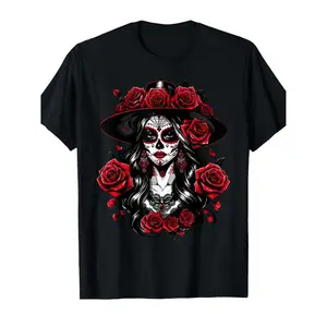 Stylish Women's Dia de los Muertos T Shirt Featuring La Catrina Sugar Skull Design for Mexican Holiday and Casual Wear Perfect for Cinco de Mayo and Daily Festive Outfits