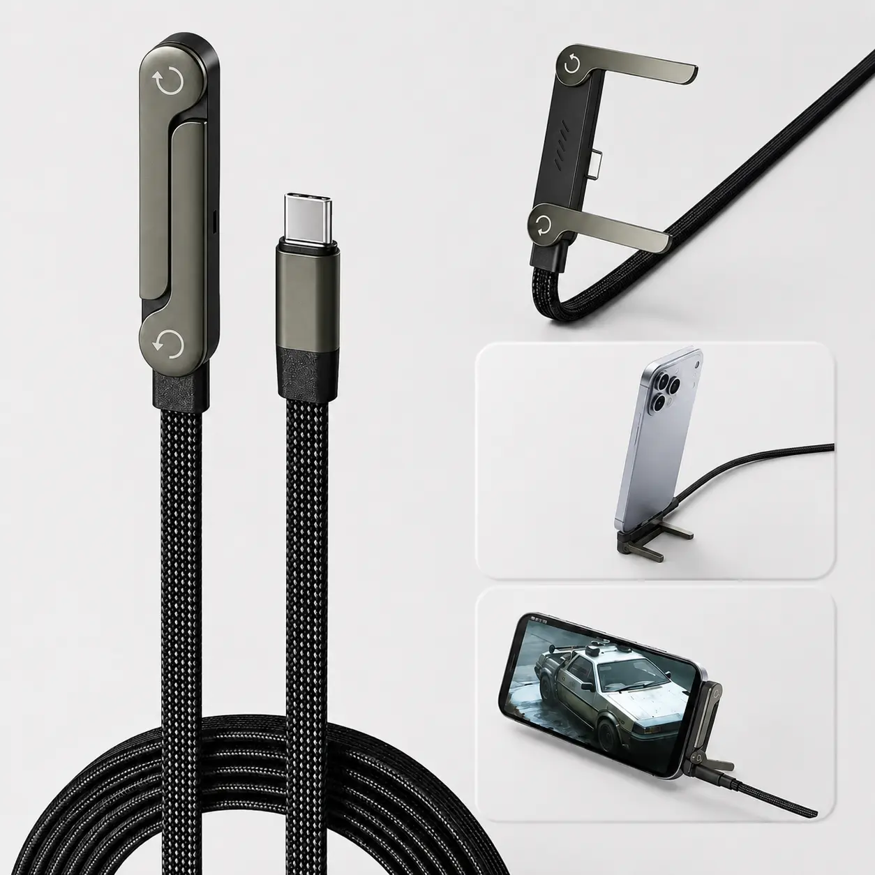 2-in-1 240W Fast Charging Cable with Invisible Stand, iPhone & Samsung Type-C Devices, Multifunctional Phone Charger Cord, Black Design Dual-Purpose Cord for Gaming Office Car Travel